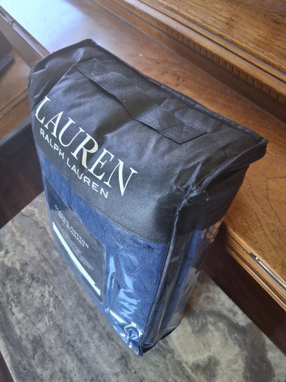 Lauren Ralph Navy QUEEN Classic Bronze Comfort Cotton Bed Blanket New